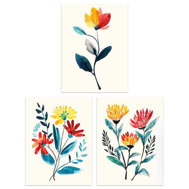 Set of 3 Prints Wildflowers Floral Watercolour Bright Wall Art