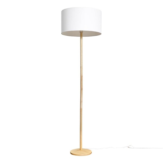 ValueLights Single Stem Natural Light Wood Floor Lamp With White Shade White