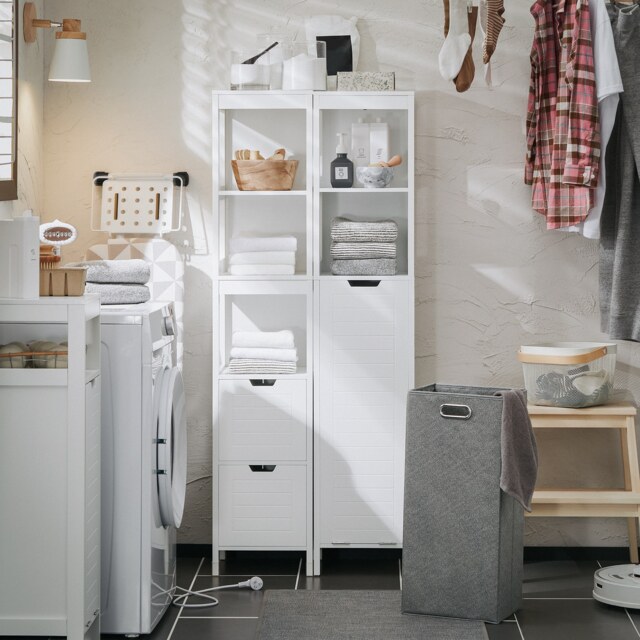 SoBuy Slim Bathroom Storage Cabinet with Laundry Basket, White, 11.8x11.8x57.1 inches, 14.05 kg - BZR123-W