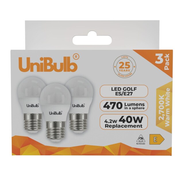 UniBulb LED Golf Ball E27 Edison Screw (ES) 470lm 4.2W (Replaces 40W) 2700K (Warm White) Light Bulb - Pack of 3 White Warm White 3