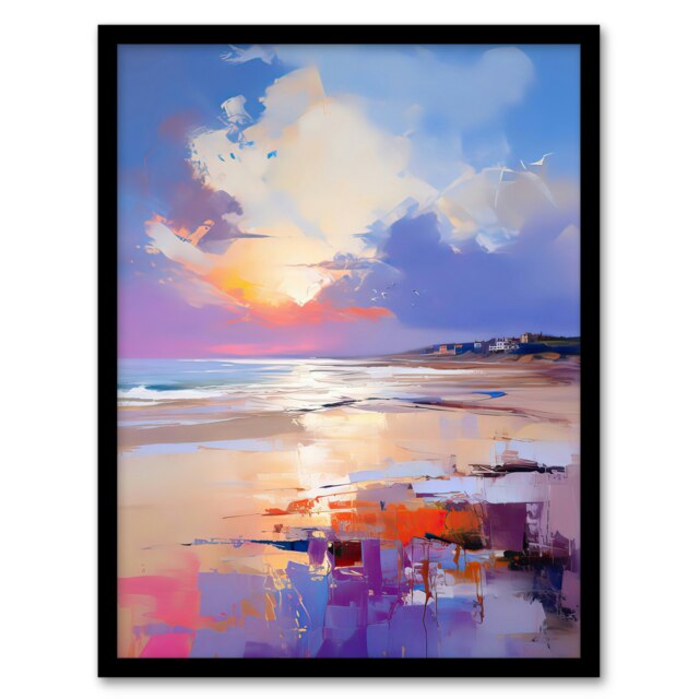 Beach Sunrise Abstract Orange Purple Black Framed Wall Art Print A4