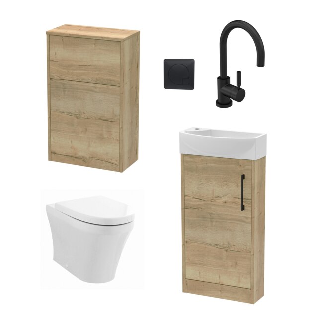 Cloakroom Suite - Right Hand 440mm Vanity, WC Unit, Toilet and Tap - Oak/Black Brown