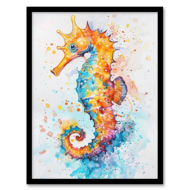 Colourful Sea Horse Bright Watercolour Living Room Black Framed Wall Art Print A4