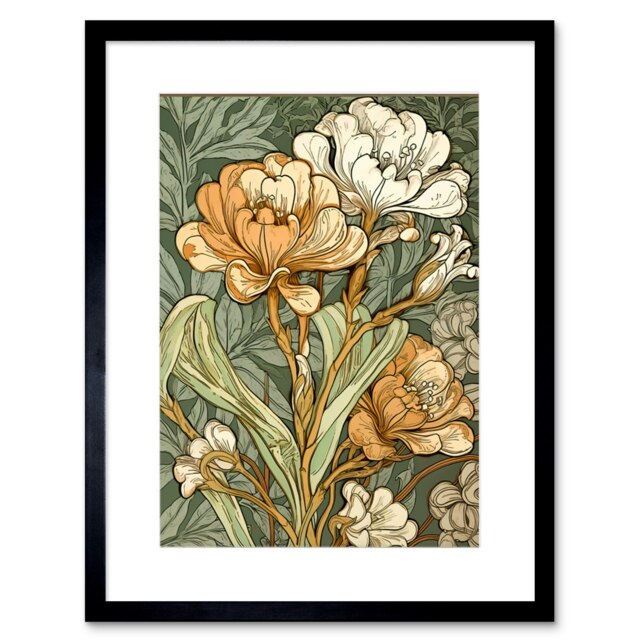 "White Yellow Freesia Flower Blooms Watercolour 9x7"" Black Framed Wall Art Print"