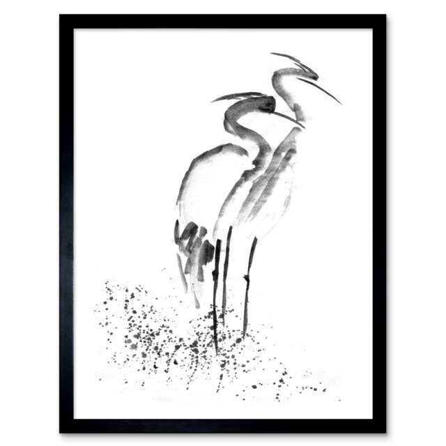 "Two Herons Ink Black White Bathroom Home Decor 12x16"" Framed Wall Art Print"