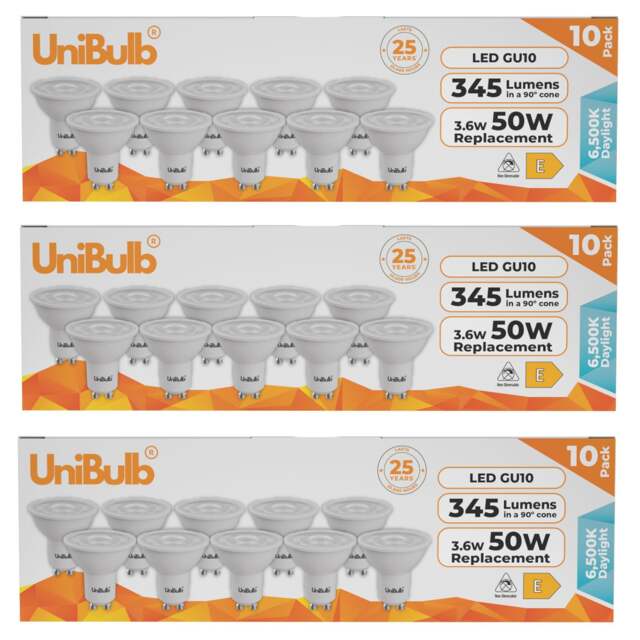 UniBulb LED GU10 345lm 3.6W (Replaces 50W) 6500K (Daylight) Spotlight Downlight Light Bulb - Pack of 30