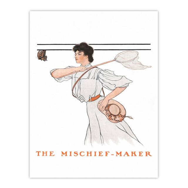 "Mischief Woman With Butterfly Net Vintage Wall Art Print Penfield 24x32"""