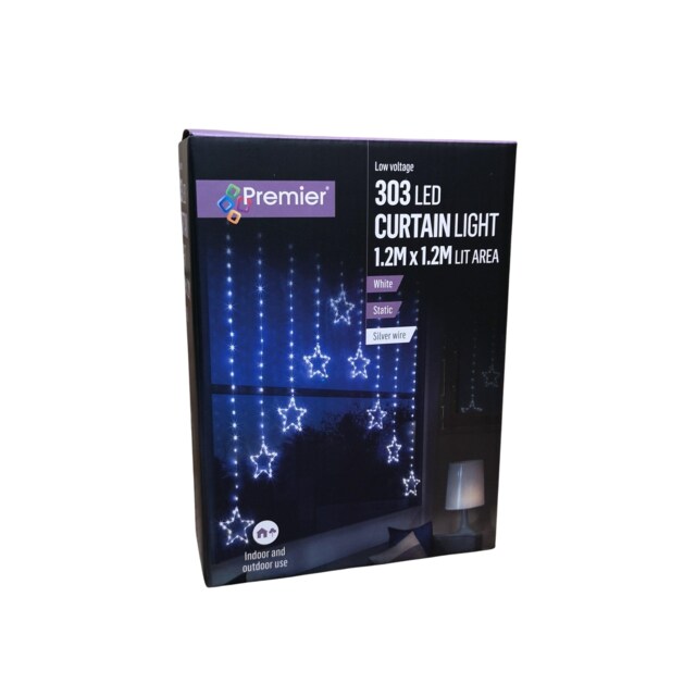 1.2m Premier Christmas Static Star LED Silver Pin Wire V Curtain Lights in White