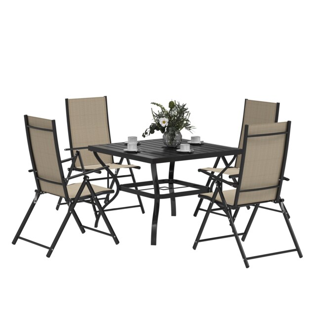 Outsunny 5 Pieces Garden Dining Set, 4 Seater Garden Furniture Set with Parasol Hole, Outdoor Dining Set with High Back Folding Chairs and Square Metal Top Table for Outdoor Patio, Khaki Brown 1