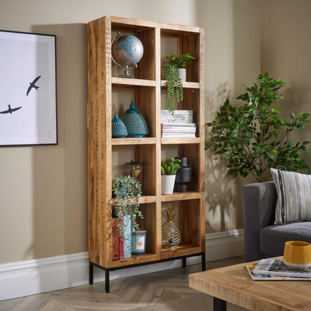 Open Tall Bookcase Solid Wooden Mango Frame Iron Home Office Furniture Storage