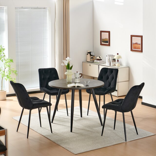 SONARA Modern Round Dark Walnut Dining Table with Velvet Chairs, 4 Seater Set