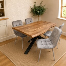 Kosy Koala 4 Seater Rustic Brown Wooden Effect Dining Table Set with 4 Grey Velvet Chairs