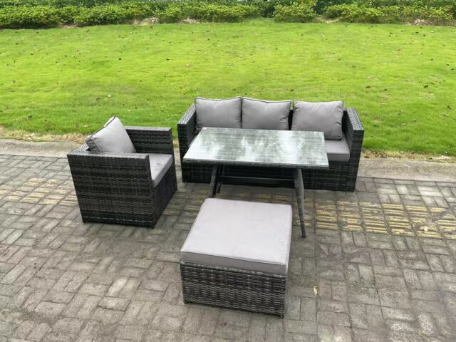 Fimous Rattan Outdoor Furniture Garden Dining Set with Oblong Dining Table Armchair Big Footstool Dark Grey Mixed