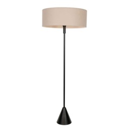 ValueLights Mitch Natural Linen Squat Shade Black Wood Triangle Floor Lamp and Bulb