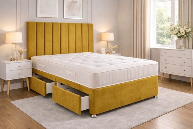 Mustard 3ft single plush divan bed with headboard and mattress storage 2 Drawers Same Side