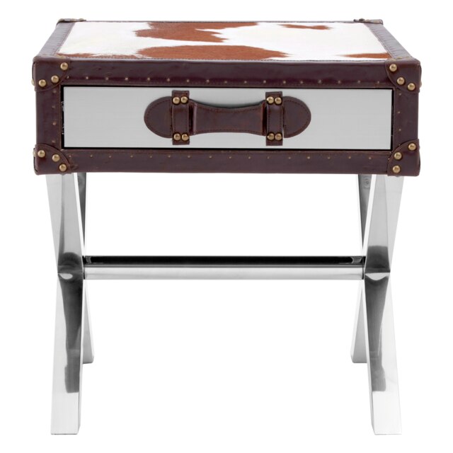 Orsina Brown And White Genuine Cowhide One Drawer Table,Storage Table With Metal Crossed Legs,Small End Table