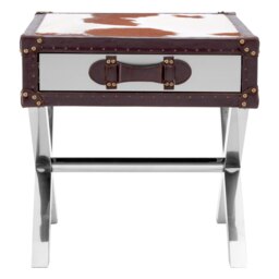 Orsina Brown And White Genuine Cowhide One Drawer Table,Storage Table With Metal Crossed Legs,Small End Table