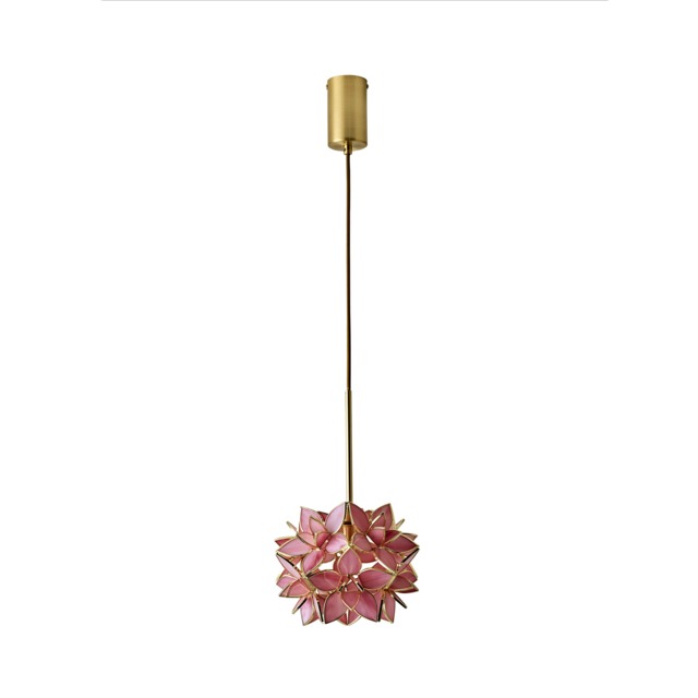ValueLights Reine Pink Glass Flower Gold Pendant Light & Bulb Pink