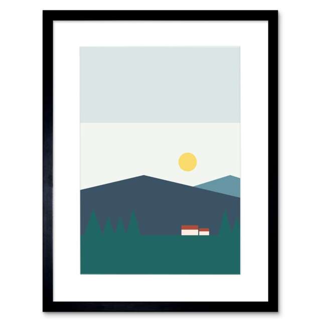 "Geometric Scottish Highlands Minimalist 9x7"" Black Framed Wall Art Print"