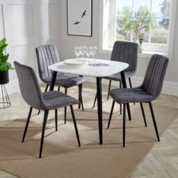 Aspen White 80cm Square Dining Table with 4 Upholstered Cord Fabric Diamond Stitch Chairs - Stylish Compact Dining Set Grey Grey 1