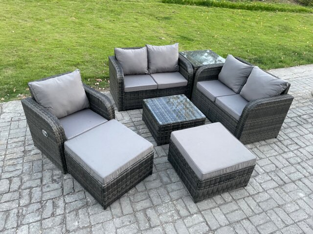Fimous PE Rattan Garden Furniture Sets Outdoor Love Sofa Chair Set Square Coffee Table Side Table 2 Big Footstool