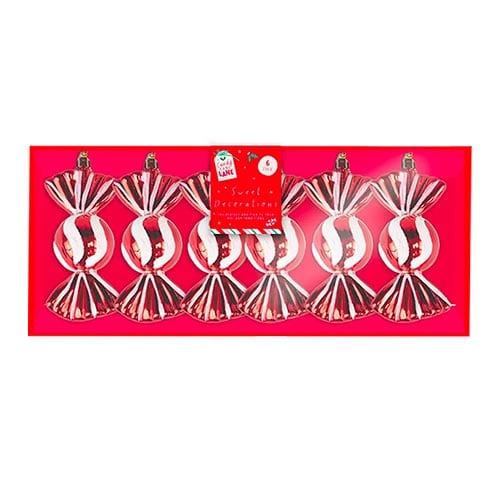 Red & White Candy Stripe Sweet Shaped Christmas Bauble Hanging Decorations - Pack of 6