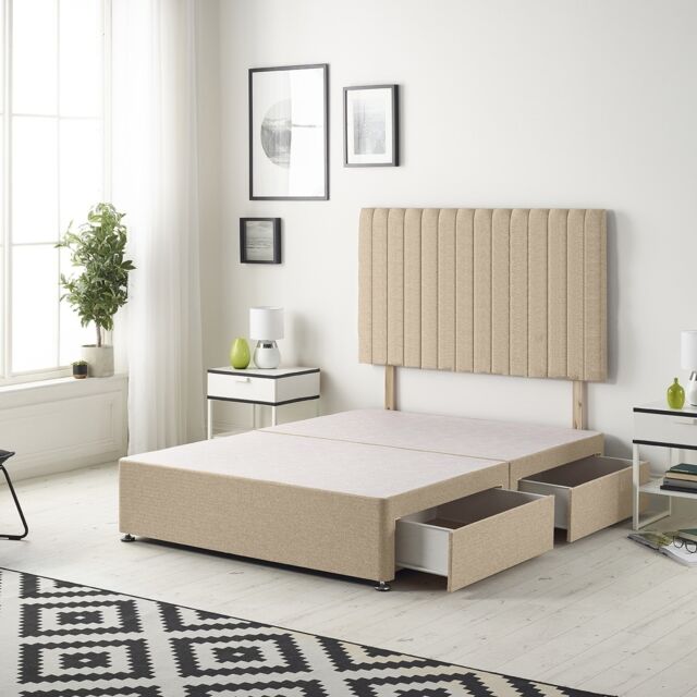 Texas Divan Bed Base with 2 Drawers & 30 Inch Headboard Plush Velvet Brown Beige