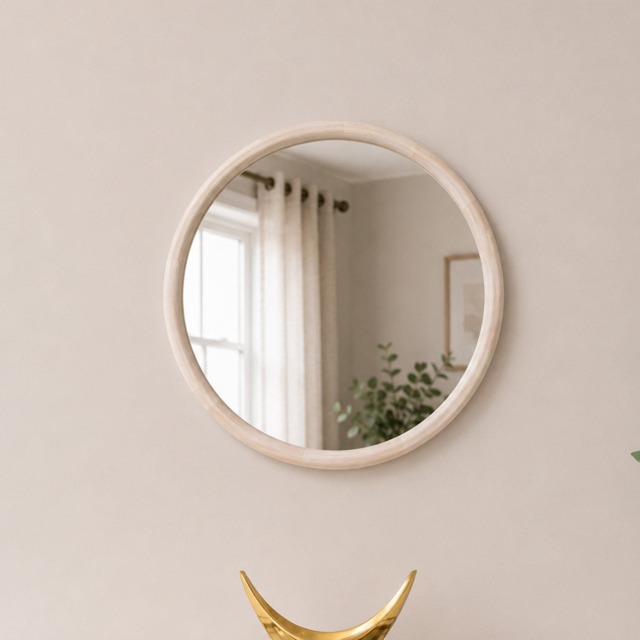 White Washed Wooden Round Wall Mirror - 50cm X 50cm