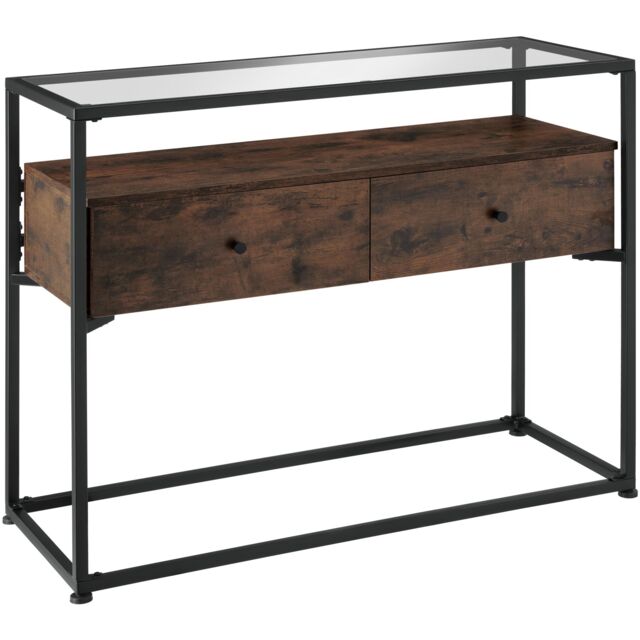 Sideboard Reading - safety glass tabletop, 2 large drawers Brown Industrial wood dark, rustic 101,50 x 41,50 x 80,50 cm 1