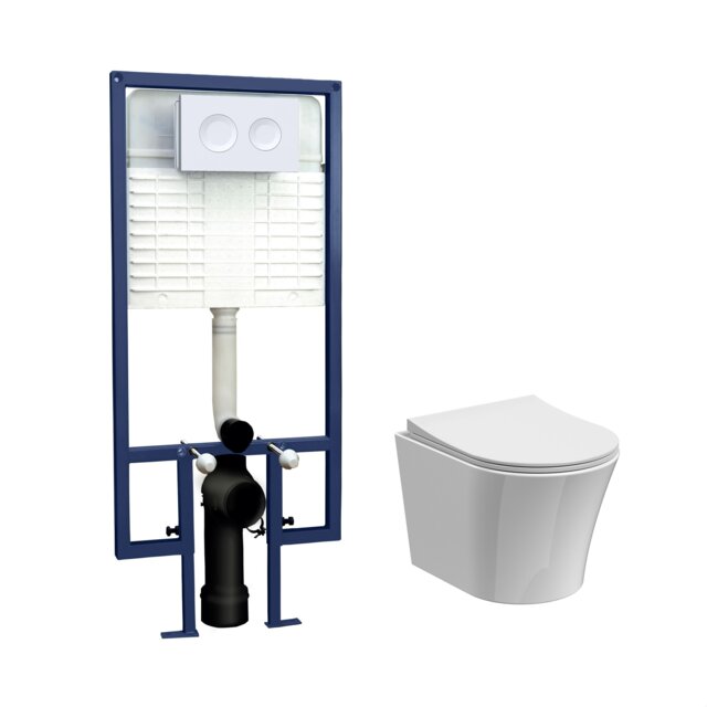 Balterley Baswich Contemporary Round Wall Hung Toilet Pan and Seat with Concealed Cistern and Flush Plate with Round Buttons - White