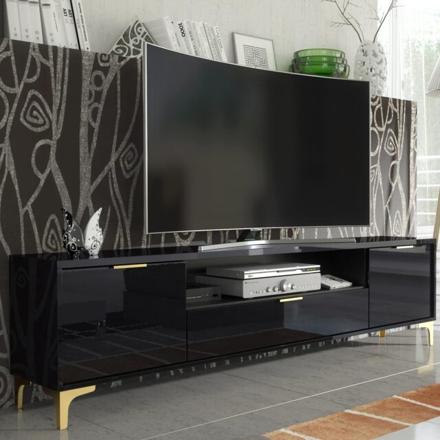 TV Unit Cabinet Stand Sideboard Storage Cabinet Black High Gloss Gold Handles Legs 200cm