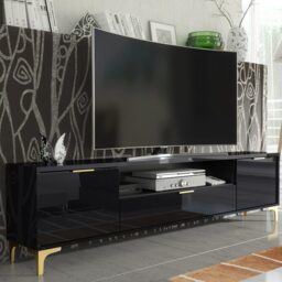 TV Unit Cabinet Stand Sideboard Storage Cabinet Black High Gloss Gold Handles Legs 200cm