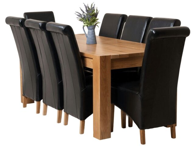Kuba 180 x 90 cm Chunky Oak Dining Table and 8 Montana Leather Chairs Black Black