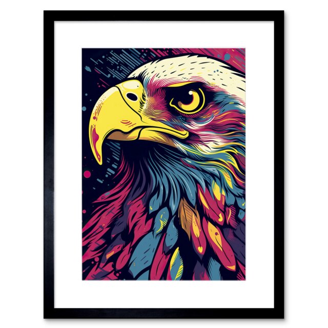 "Bald Eagle Portrait Colourful Feathers USA Symbol 9x7"" Black Framed Wall Art Print"