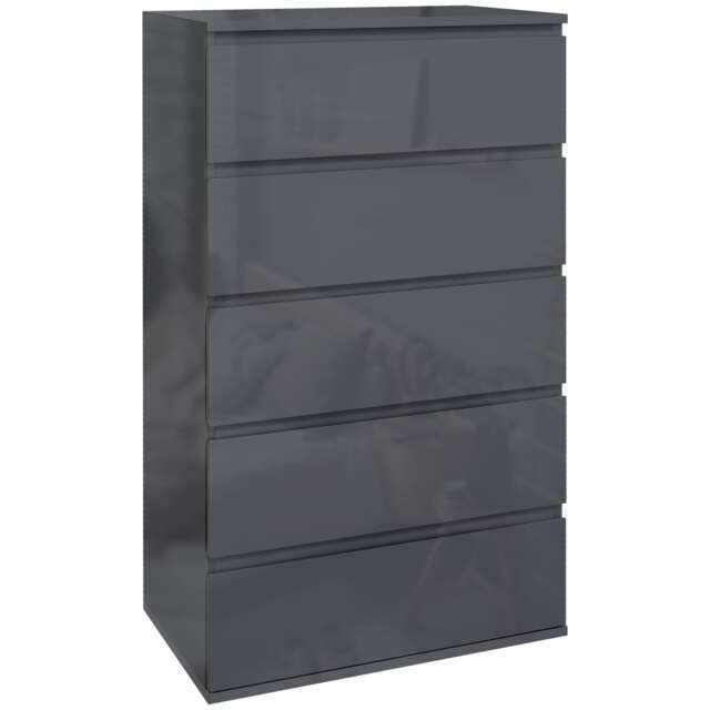 HOMCOM High Gloss Chest of Drawers, Modern 5 Drawer Dresser with Soft Closing Mechanism for Bedroom, Grey