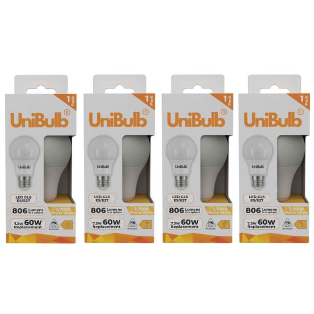UniBulb LED GLS E27 Edison Screw (ES) 806lm 7.3W (Replaces 60W) 2700K (Warm White) Light Bulb - Pack of 4