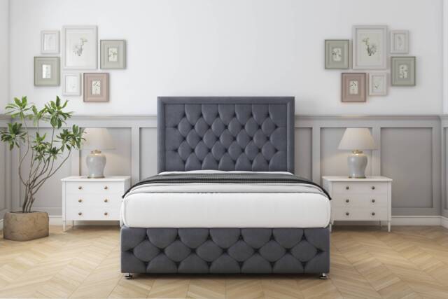 "Sloomy Vienna Steel Plush Divan Bed With Mattress 2 Drawers Left Side With 54"" Floor Standing Headboard & 12"" Matching Footboard 2'6 Small Single Grey Steel Small Single 1"