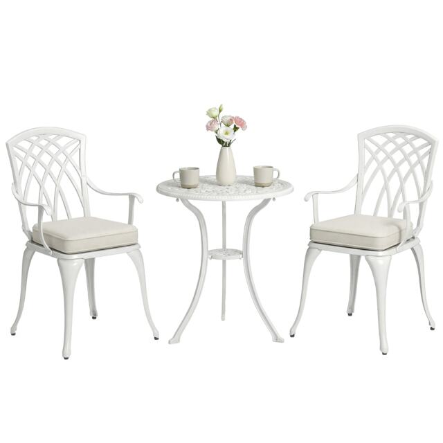 Outsunny 3 PCs Aluminium Garden Coffee Table Set w/ Parasol Hole & Cushions White White Table: 60x66 cm, Chair: 52x55x89 cm