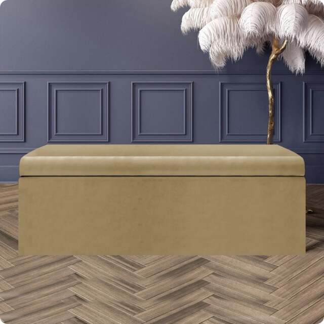 90cm Large Plain Safar Storage Ottoman Box, Mink Plush Velvet Upholstered Deep Storage Ottoman End of Bed Bench