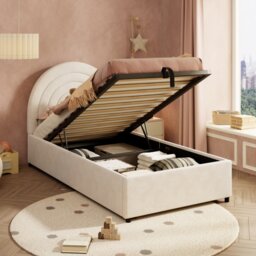 VILUXE 3ft Single Upholstered Bed Frame with Padded Headboard, Wooden Slats and Support Legs, Beige Velvet, 90 x 190cm