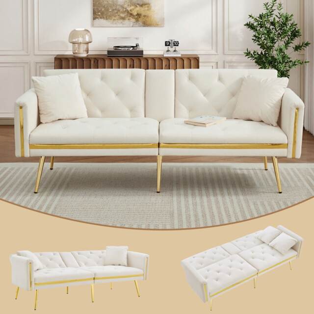 VILUXE 174cm 2 Seater Velvet Sofa Bed with 3-Position Adjustable Backrest, Hidden Cup Holders, High-Density Foam and Gold-Tone Metal Legs, White