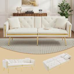 VILUXE 174cm 2 Seater Velvet Sofa Bed with 3-Position Adjustable Backrest, Hidden Cup Holders, High-Density Foam and Gold-Tone Metal Legs, White
