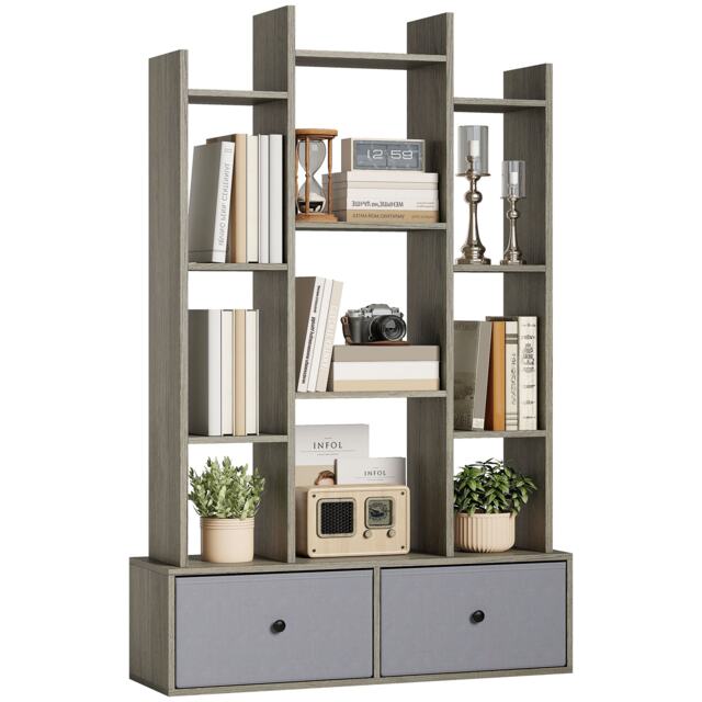 HOMCOM 12-Tier Bookshelf, Bookcase w/ 2 Folding Drawer, Graphite Wood Effect Brown Graphite Wood Effect