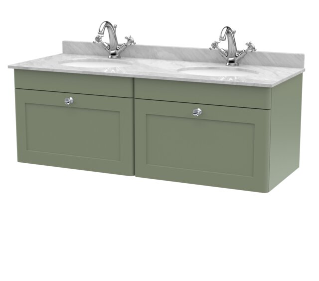 Balterley Swynnerton Traditional 2 Drawer Wall Hung Vanity Unit with Double Marble Basin, Satin Green, 1200mm