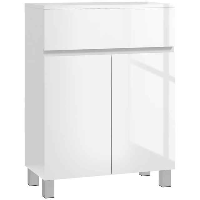 kleankin High Gloss Bathroom Floor Cabinet Storage Cupboard with Drawer White
