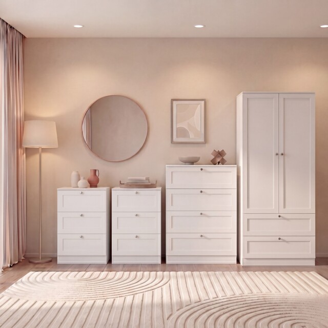 Vida Designs Altino 4 Piece Bedroom Set (2x 3 Drawer Bedside, 4 Drawer Chest, 2 Door 2 Drawer Wardrobe), White