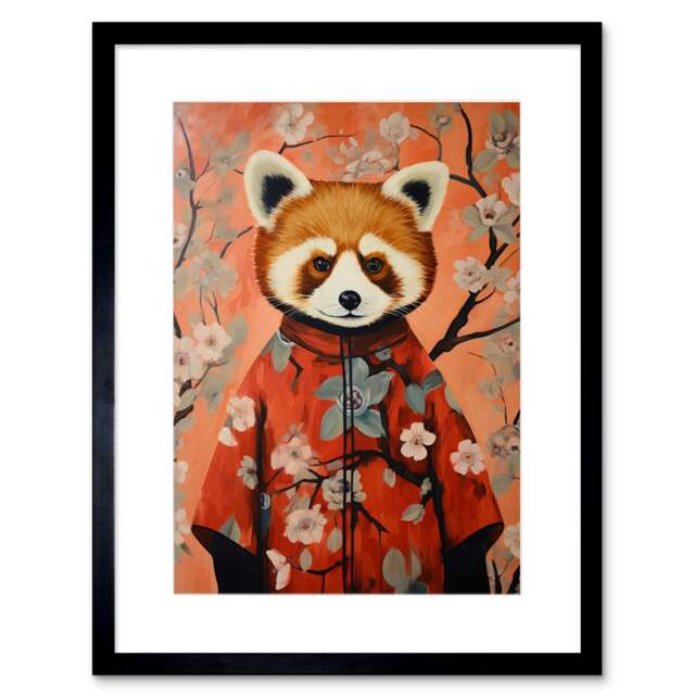 "Red Panda Kimono Cherry Blossom Trees Japan 9x7"" Black Framed Wall Art Print"