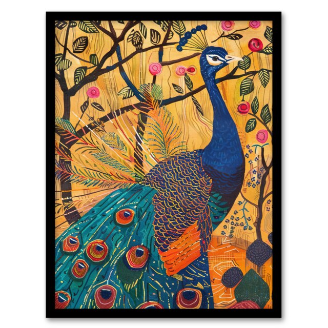 Exotic Tree Roses Living Room Peacock Home Decor Black Framed Wall Art Print A4