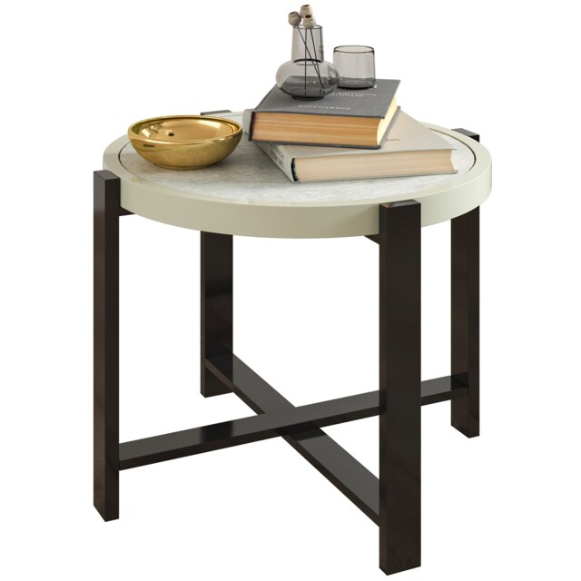 Outsunny Round Small Garden Table, 60cm Outdoor Side Table with Faux Marble Tempered Glass Top, Aluminium Frame for Garden, Patio, Balcony, Light Grey Grey Light Grey