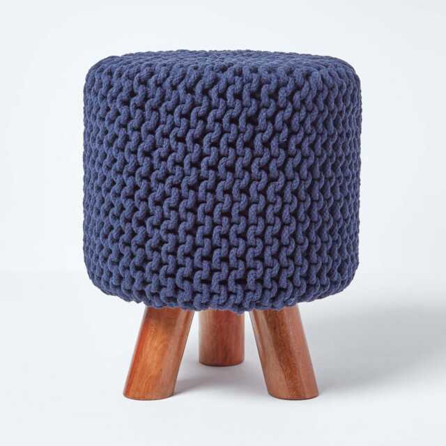 Homescapes Navy Tall Cotton Knitted Footstool on Legs